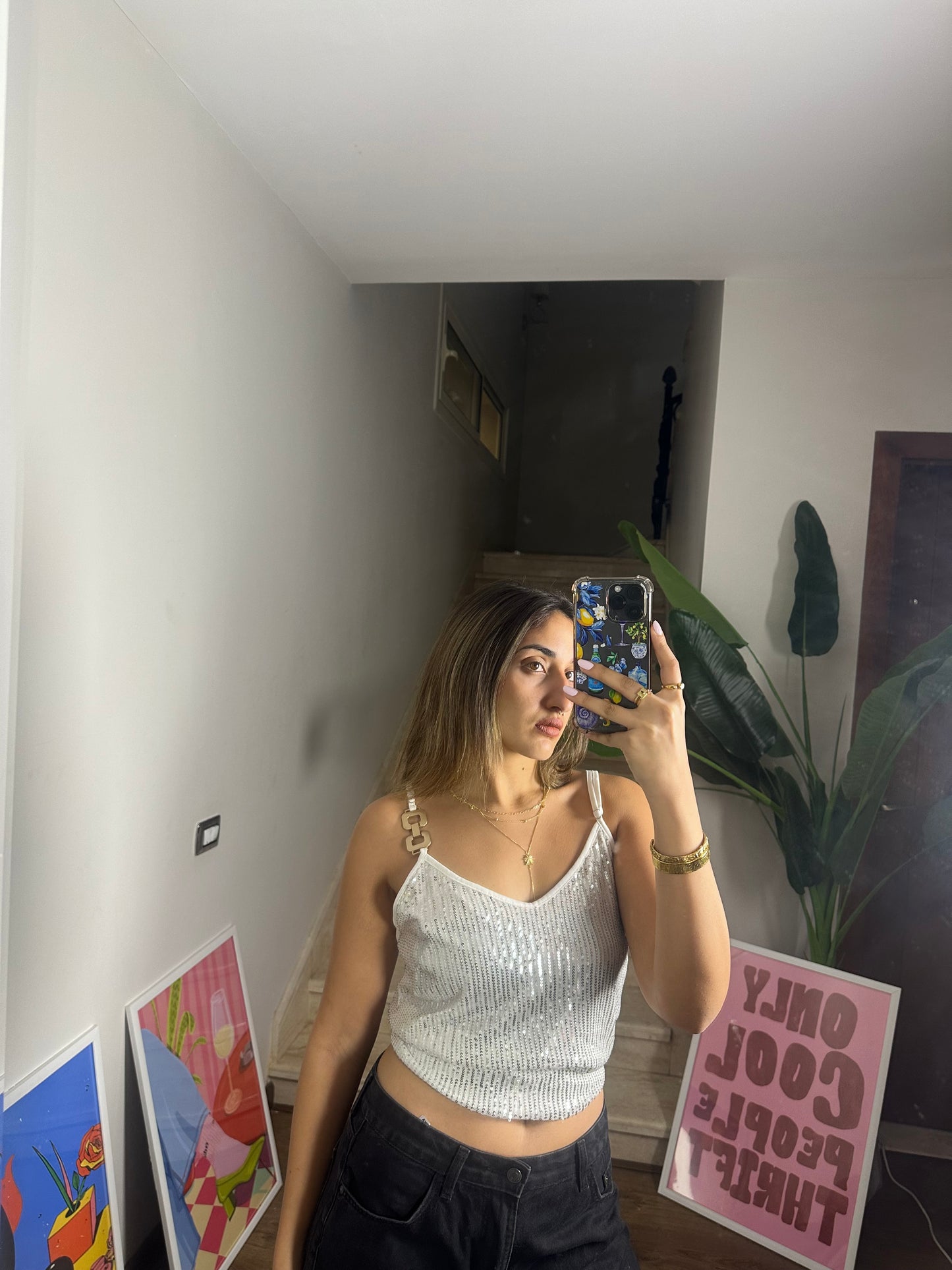 Gold Detailed White Sequin Top ( X Large)