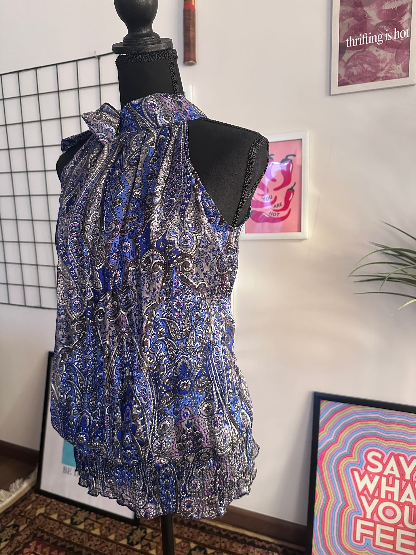 Blue Paisley Tie Neck Top (Large)