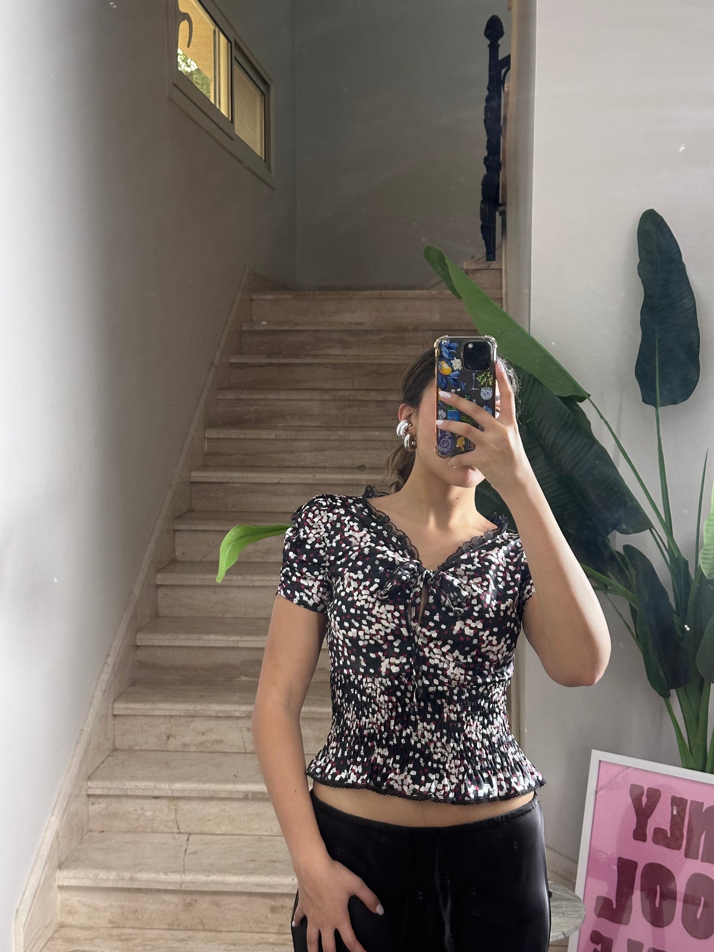 Rushed Satin Floral Blouse (Medium)