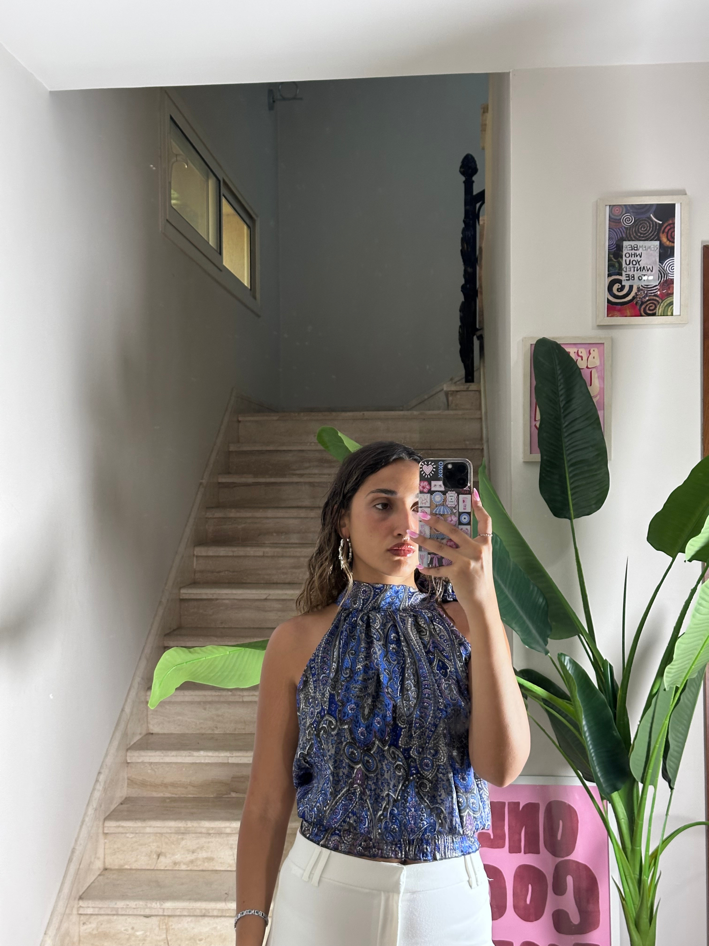Blue Paisley Tie Neck Top (Large)