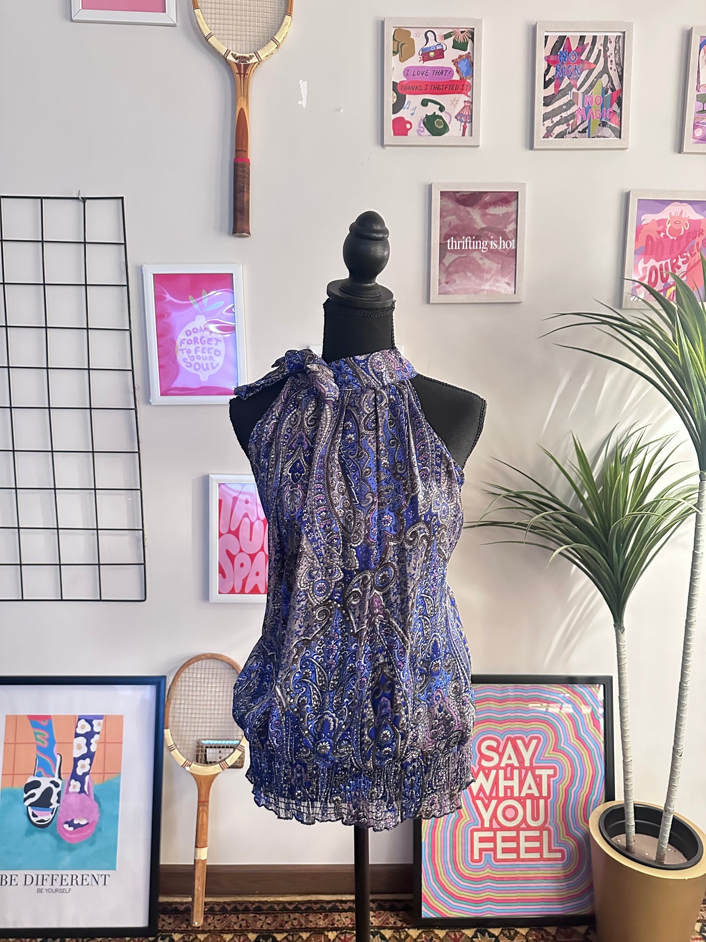 Blue Paisley Tie Neck Top (Large)