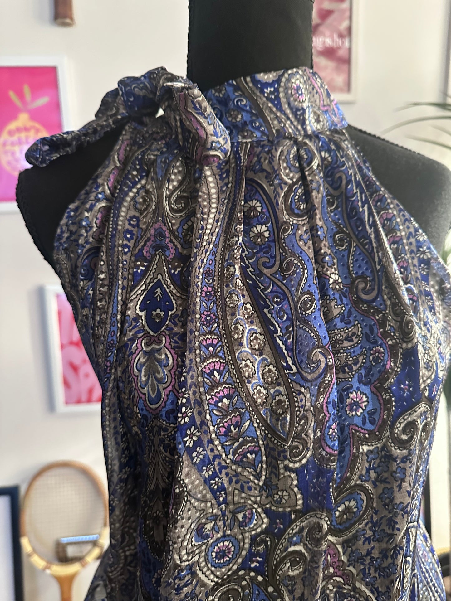 Blue Paisley Tie Neck Top (Large)