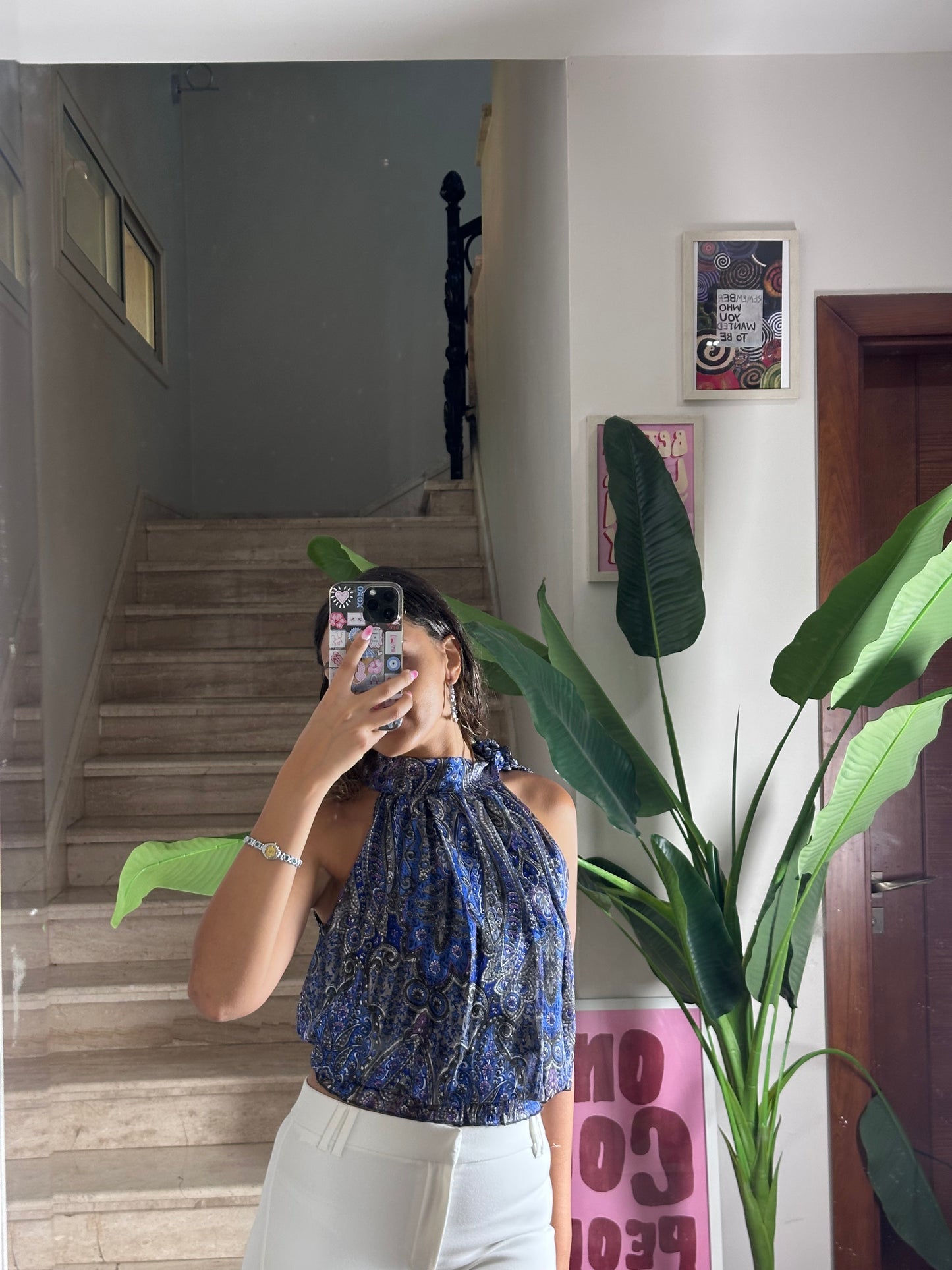 Blue Paisley Tie Neck Top (Large)