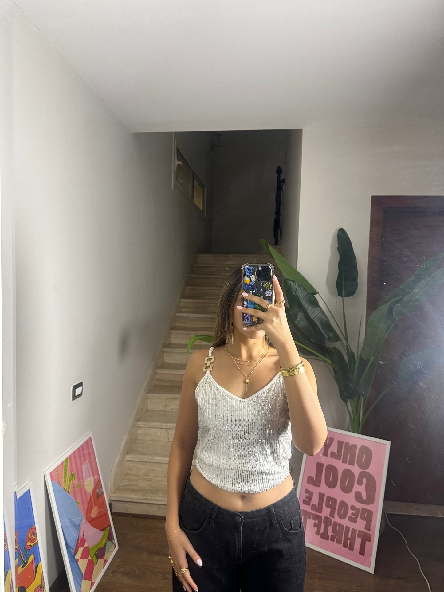 Gold Detailed White Sequin Top ( X Large)