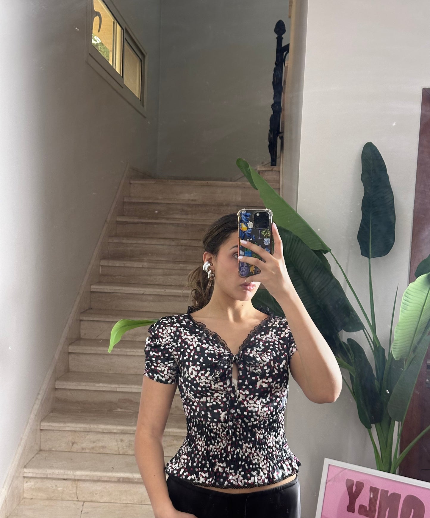 Rushed Satin Floral Blouse (Medium)