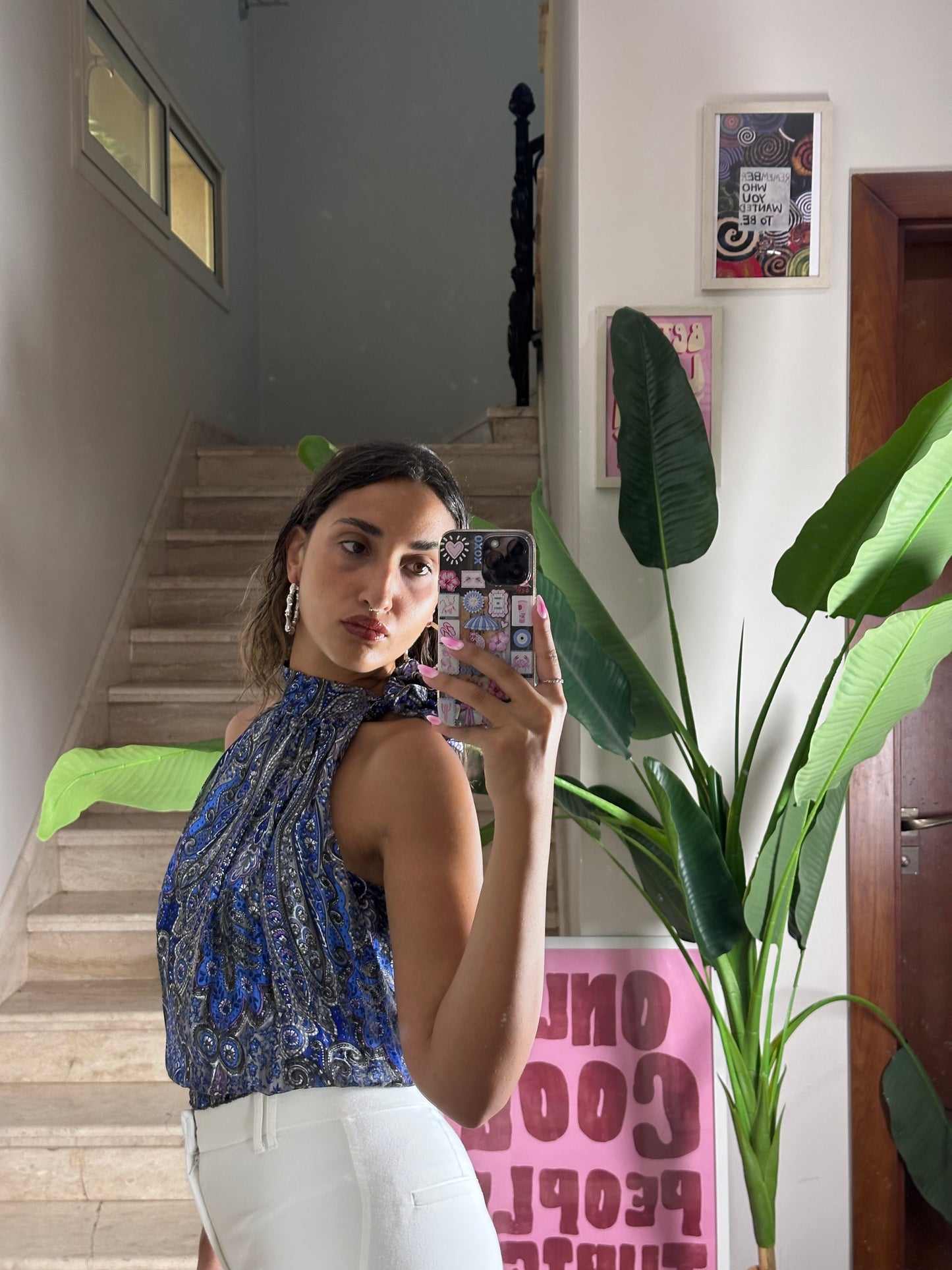 Blue Paisley Tie Neck Top (Large)