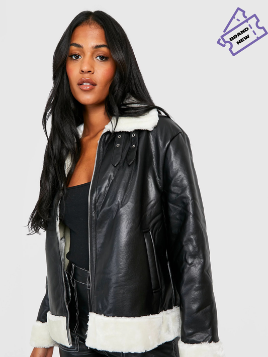 Contrast Leather Jacket - Boohoo